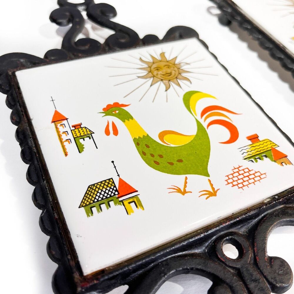 Vintage HS Enesco Cast Iron Trivet Set Rooster Vegetables Sun Retro Kitchen - Picture 3 of 9